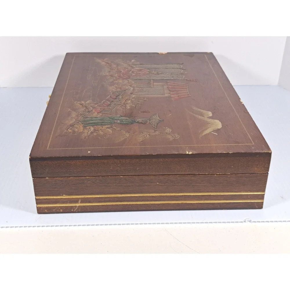 Vintage Eureka Wood Silverware Chest Carl Johnson Hand Painted Chinoiserie Box